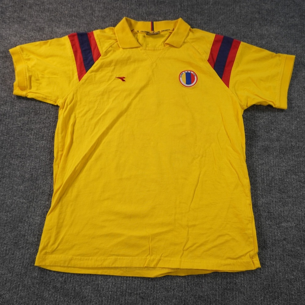 Diadora Colombia Soccer Jersey Mens Large Yellow Short Sleeve Polo V-Neck Crest